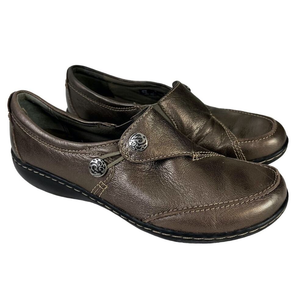 CLARKS BENDABLES Metallic Bronze Loafers Flats Genuine Leather Slip On Shoes 7
